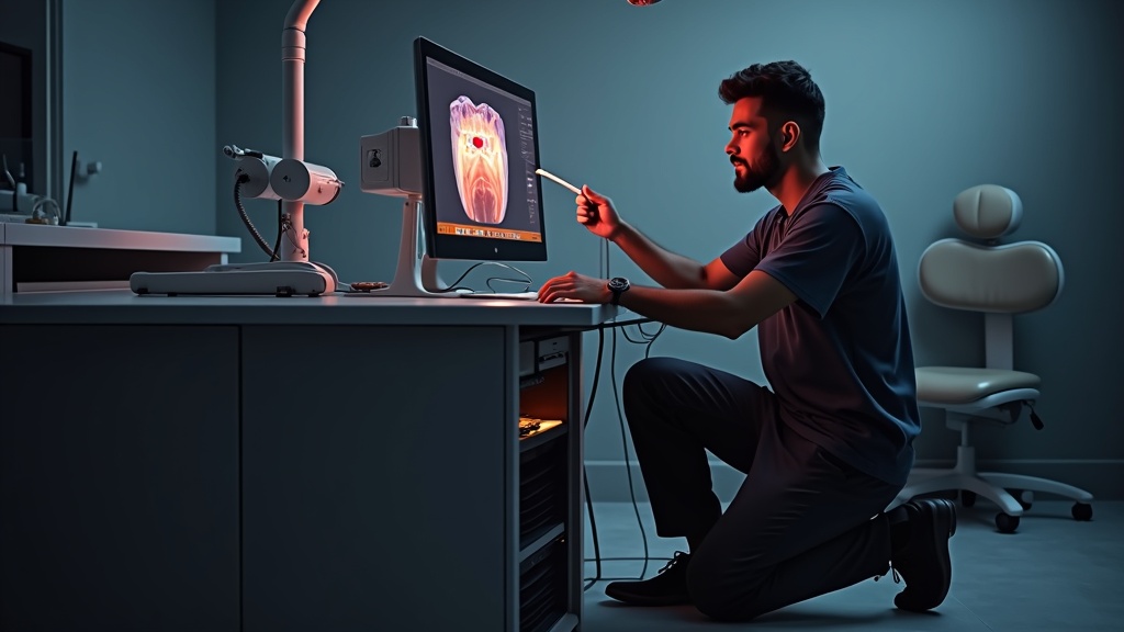 Service technician inspecting a dental imaging acquisition workstation