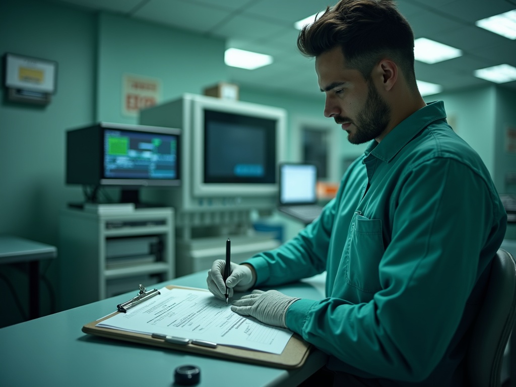 Technician documenting workstation details on a service record